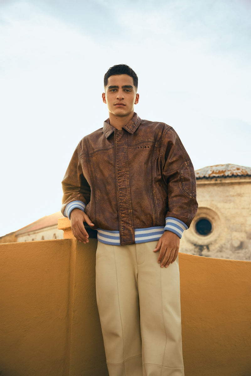 Men's Aged Leather Bomber Jacket