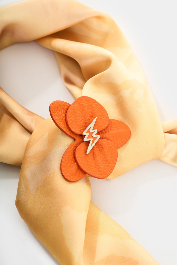 ORANGE LARGE LEATHER ORCHID BROOCH