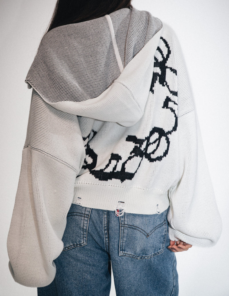 OMERTA WHITE KNITTED ZIP HOODIE
