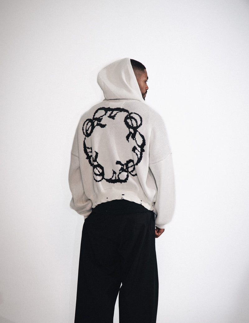 OMERTA WHITE KNITTED ZIP HOODIE